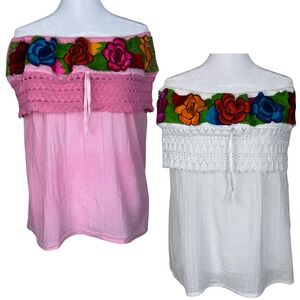 Mexican Off the Shoulder Blouse Top 2 Pc Bundle Women Peasant Floral Embroidered